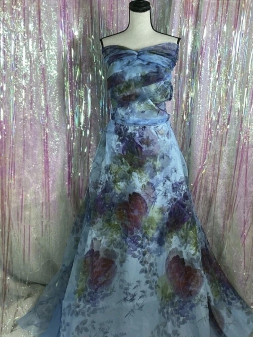 Rene Ruiz Strapless Blue Floral Wedding Gown